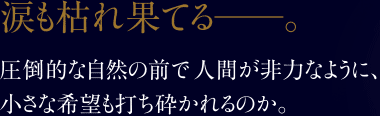 涙も枯れ果てる――。圧倒的な自然の前で人間が非力なように、小さな希望も砕かれるのか。
