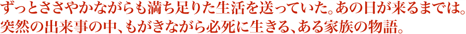 ずっとささやかながらも満ち足りた生活を送っていた。あの日が来るまでは。突然の出来事の中、もがきながら必死に生きる、ある家族の物語。