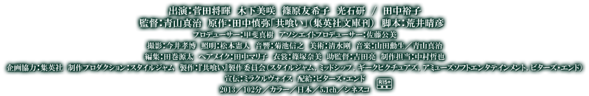 出演：菅田将暉　木下美咲　篠原友希子　光石研　／　田中裕子 監督：青山真治　原作：田中慎弥「共喰い」（集英社文庫刊） 脚本：荒井晴彦　プロデューサー：甲斐真樹 制作プロダクション：スタイルジャム　製作：『共喰い』製作委員会 配給：ビターズ・エンド　宣伝：ミラクルヴォイス